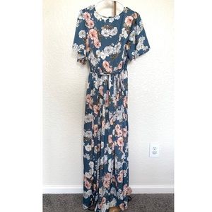 Blue Floral Satin Maxi Dress